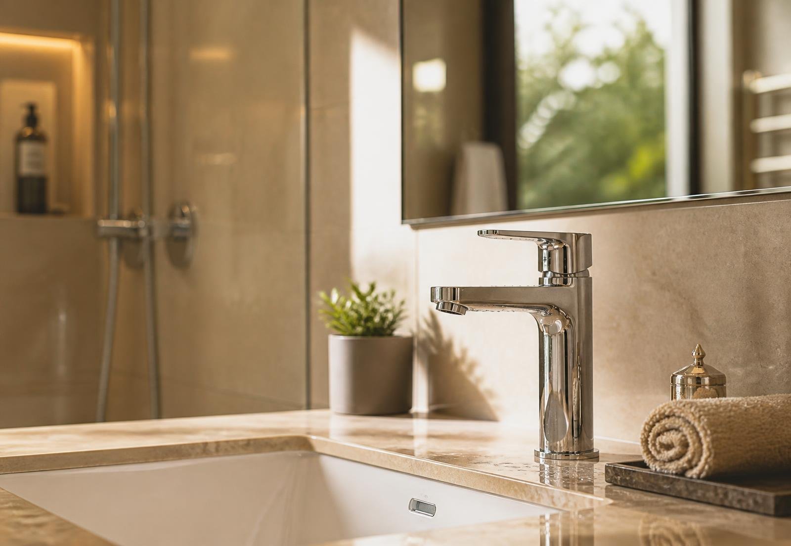 Modern Indian bathroom with a chrome Tulip basin mixer on a stone countertop